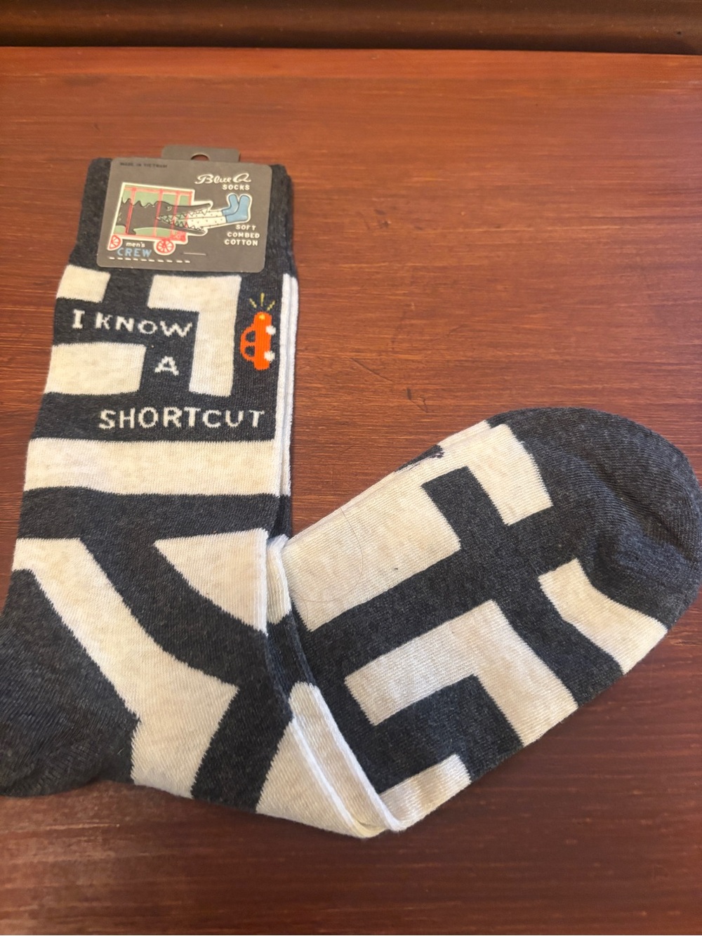 Blue Q Gray & Cream Crew Socks - 'I Know A Shortcut'